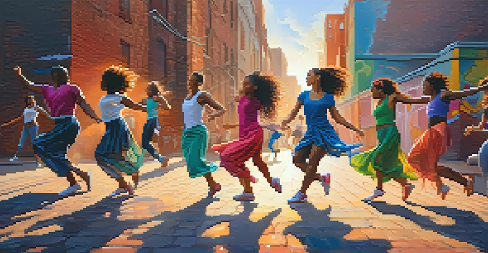 A lively urban dance scene with diverse dancers in motion against a colorful graffiti backdrop.