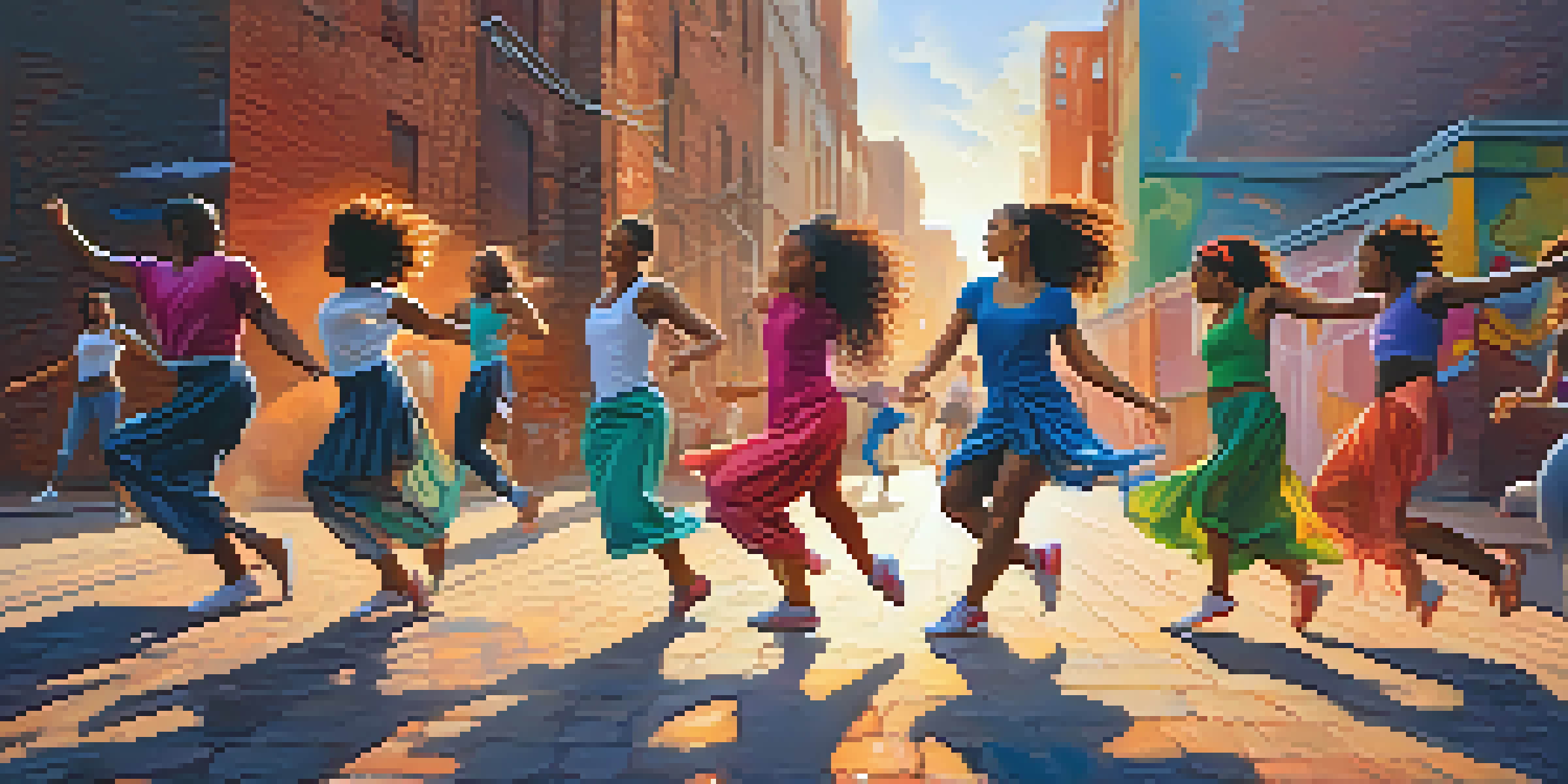 A lively urban dance scene with diverse dancers in motion against a colorful graffiti backdrop.