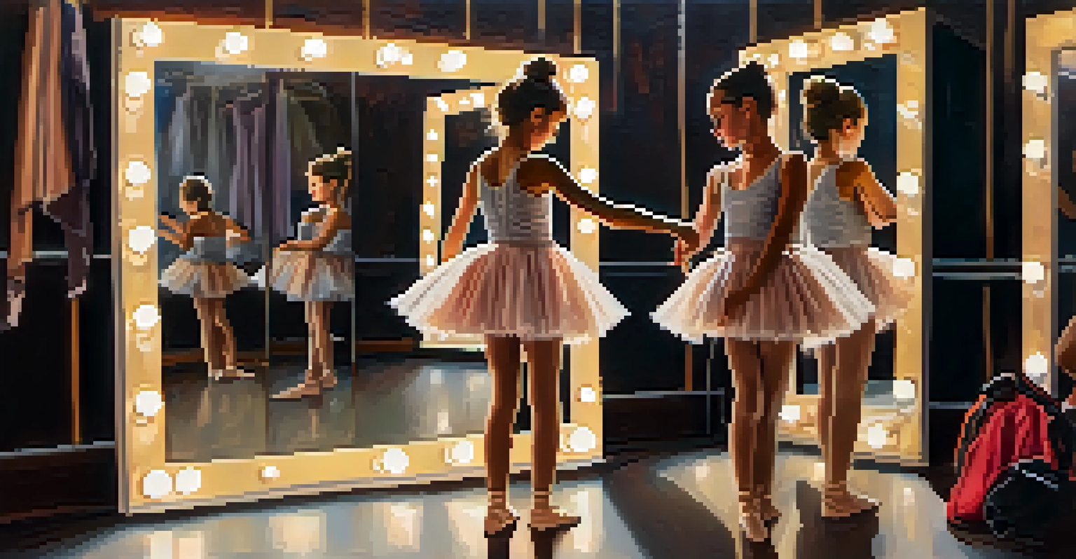 A young dancer rehearsing her routine backstage in front of a mirror, surrounded by costumes and dance shoes, illuminated by warm lighting.