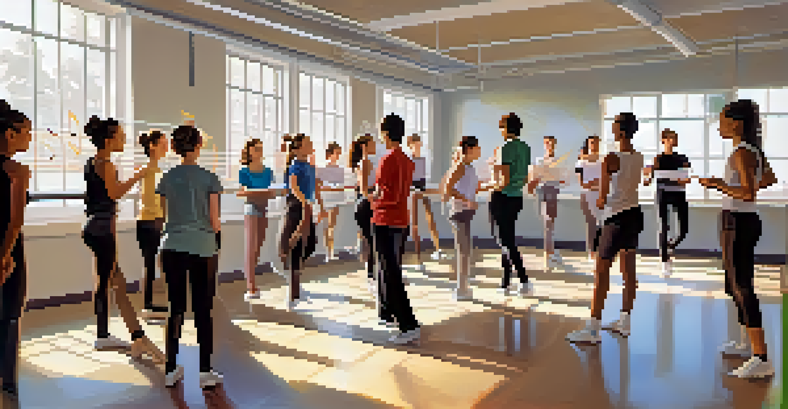 Dance students discussing dance notation in a bright classroom with a whiteboard.