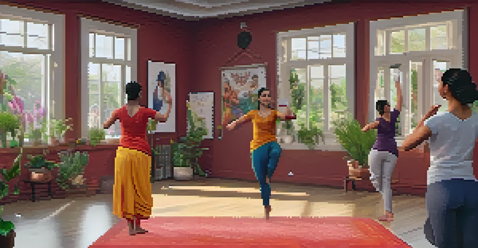 An online dance class with a diverse group of students practicing traditional Indian dance, shown on a video call with a lively instructor.