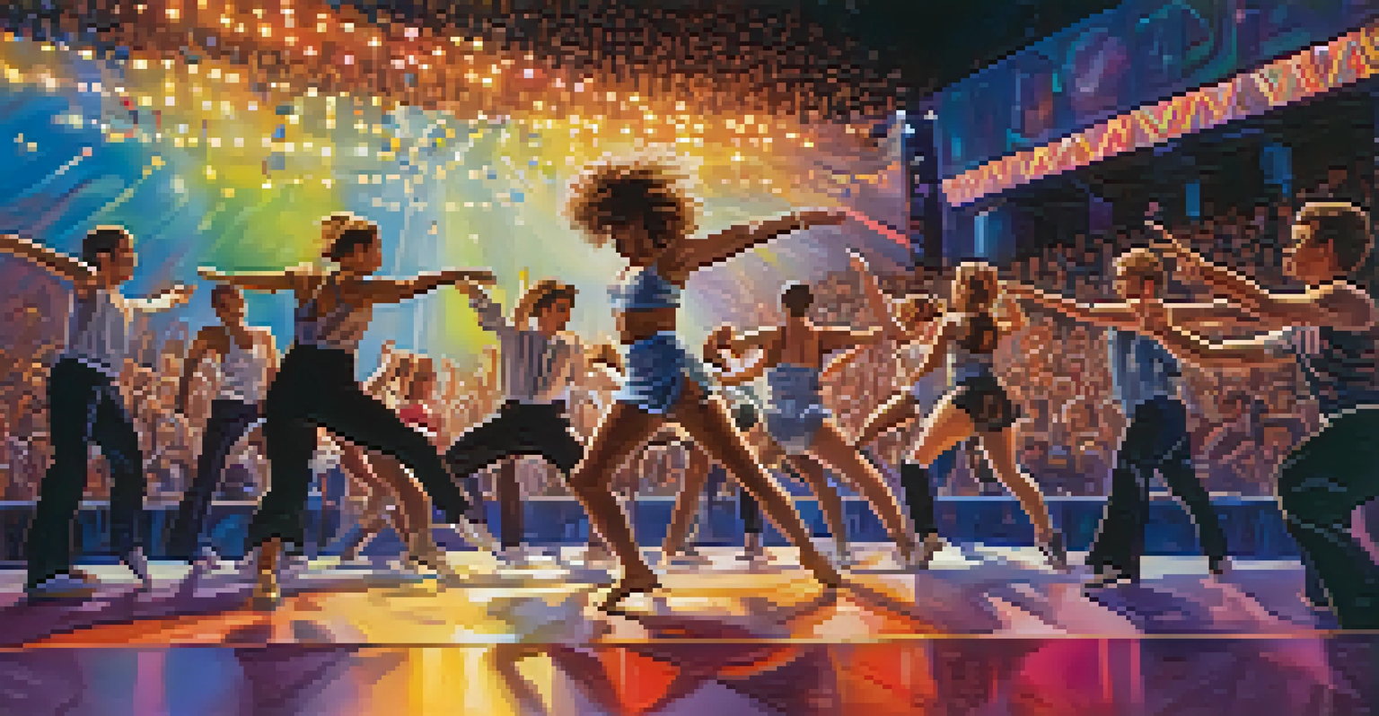 Dancers performing a group routine on stage at a dance competition with judges and an audience in the background.