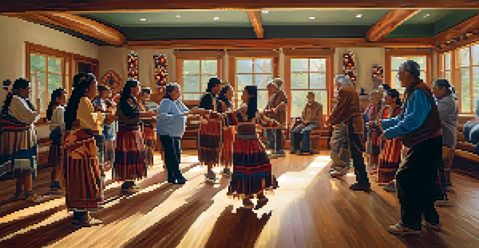 Elders teaching traditional dance to younger members in a cozy community space, showing expressions of joy and concentration.
