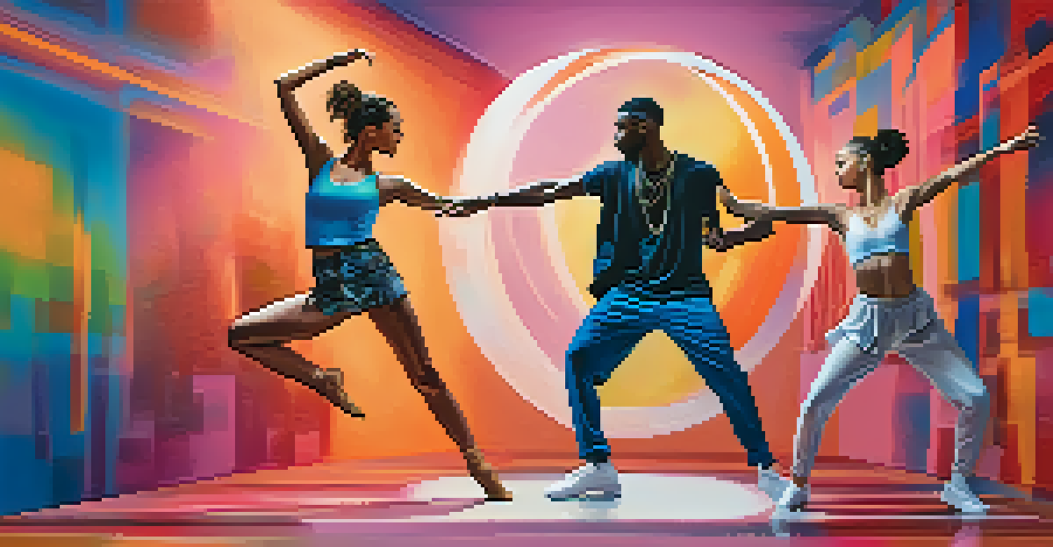 A hip-hop dancer and a ballet dancer collaborating in a virtual studio, representing a fusion of different dance styles.