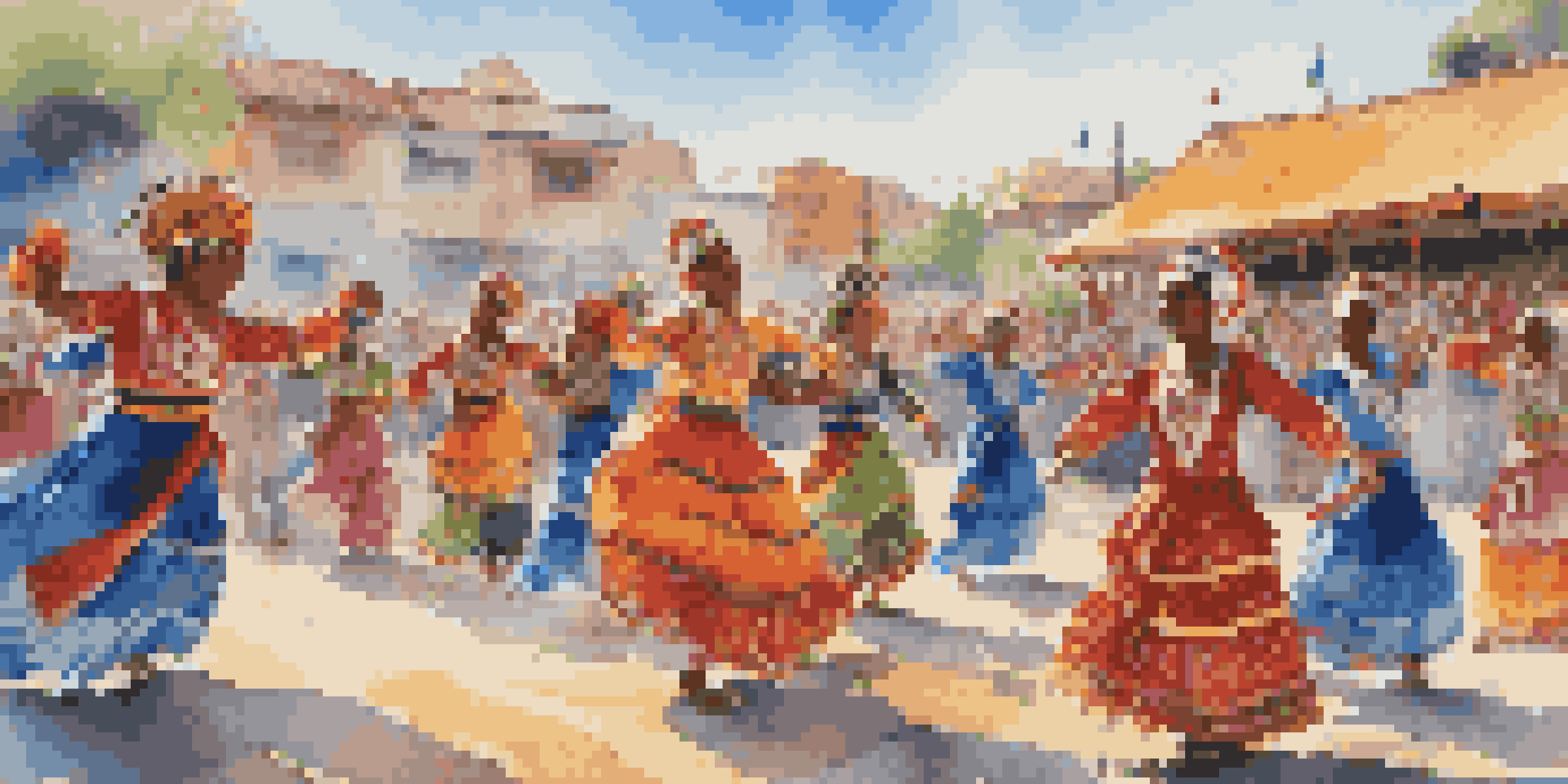 A lively cultural festival with traditional dancers in colorful costumes performing a folk dance, surrounded by an audience enjoying the celebration.