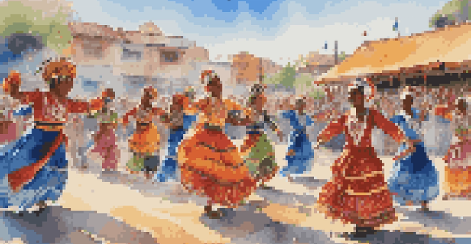 A lively cultural festival with traditional dancers in colorful costumes performing a folk dance, surrounded by an audience enjoying the celebration.