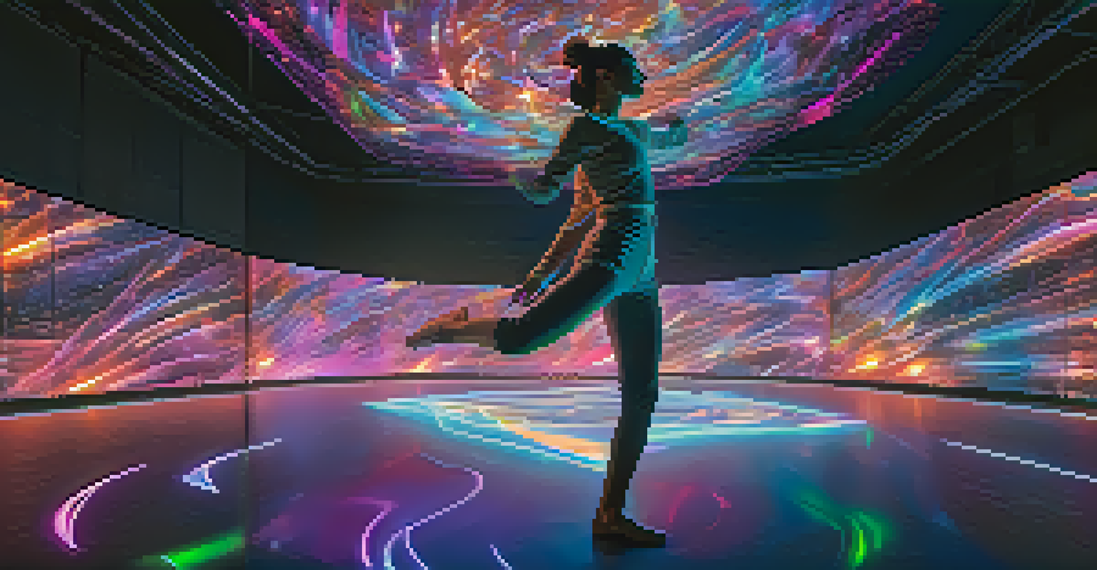 A dancer performing in a virtual reality setting, surrounded by colorful holographic elements and lights in a dark environment.
