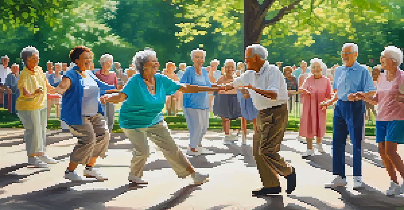 Seniors practicing dance in a sunny park surrounded by flowers and trees.