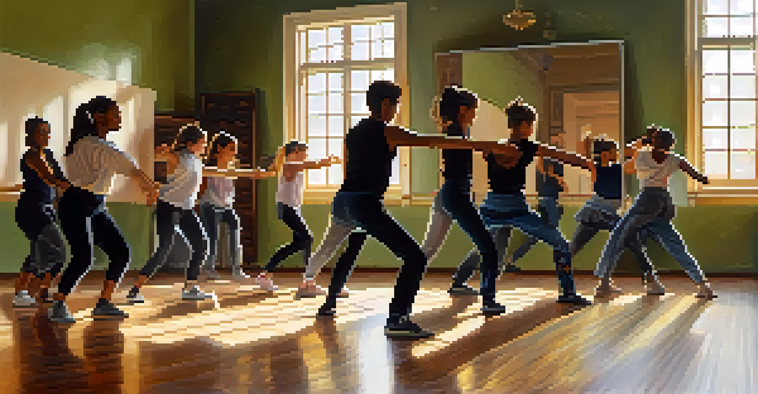 A group of young dancers in a sunlit studio practicing street dance techniques under the guidance of an instructor.