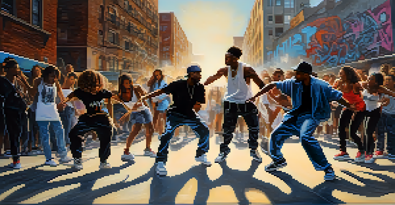 Dancers performing hip-hop dance in an urban environment, with graffiti and city elements in the background.