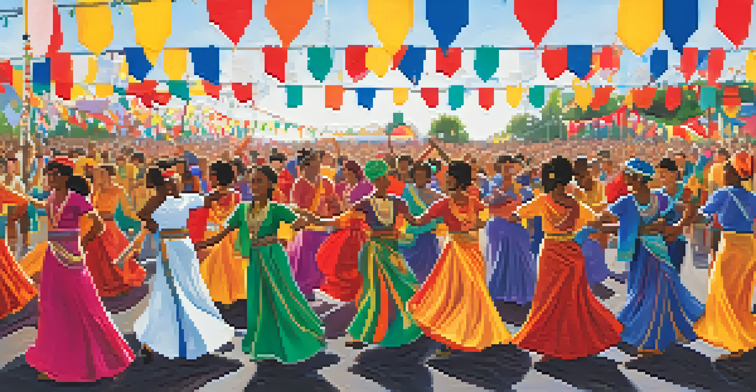 Performers in traditional attire dancing on stage at a multicultural dance festival, with an engaged audience in the background.