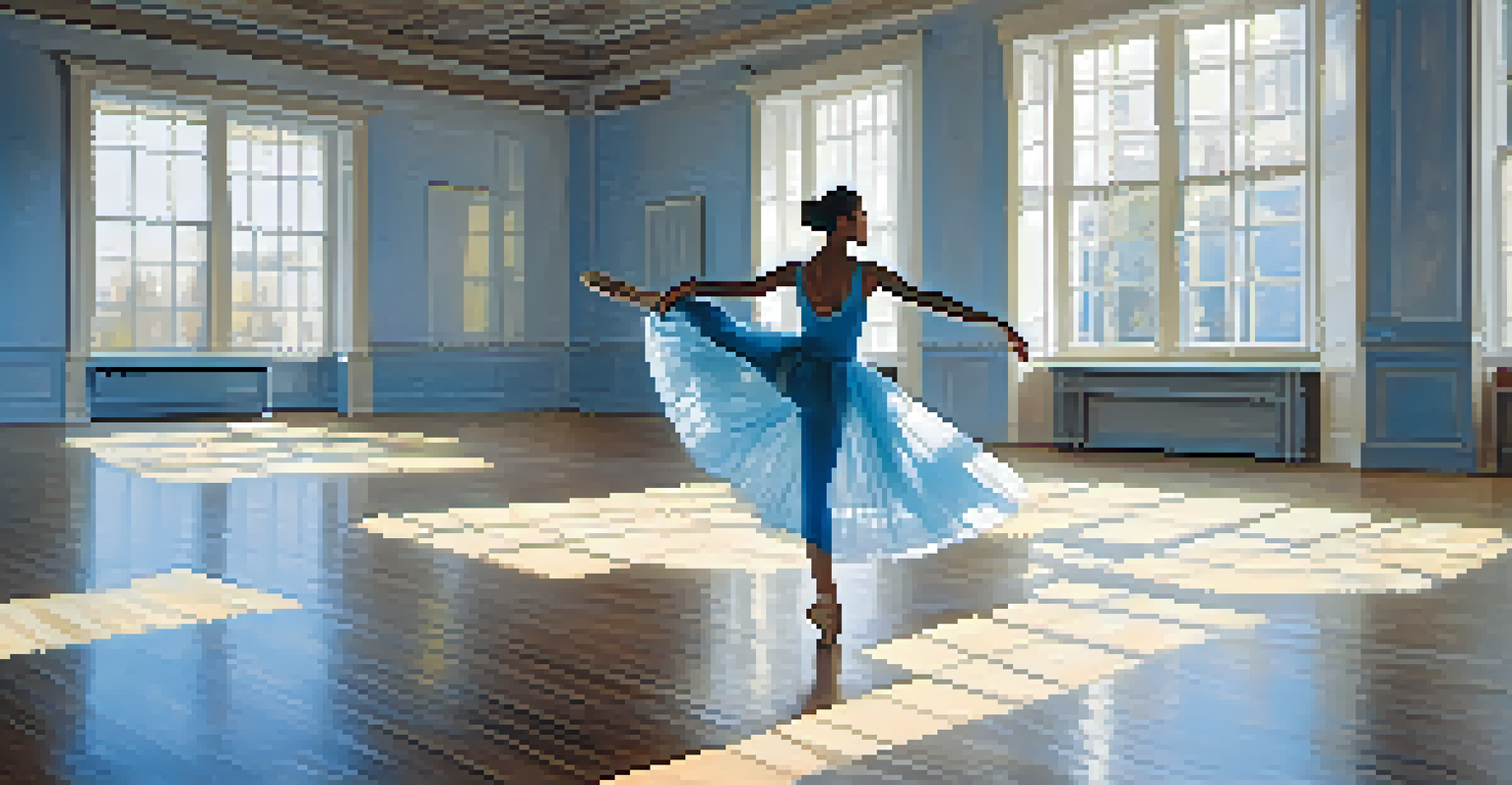A dancer rehearsing in a sunlit studio, wearing a soft blue costume, with abstract artworks in the background.