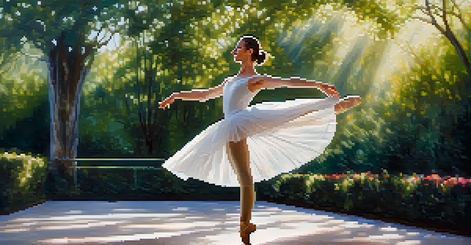 A ballet dancer in mid-leap in a lush outdoor setting, highlighting their graceful form and flowing costume, illuminated by soft sunlight.