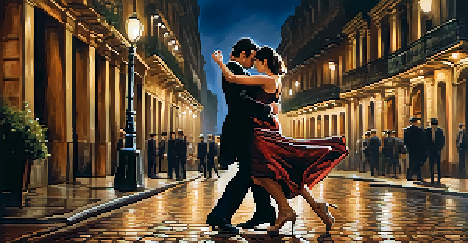A couple dancing the tango on a cobblestone street in Buenos Aires, surrounded by warm street lamp light.