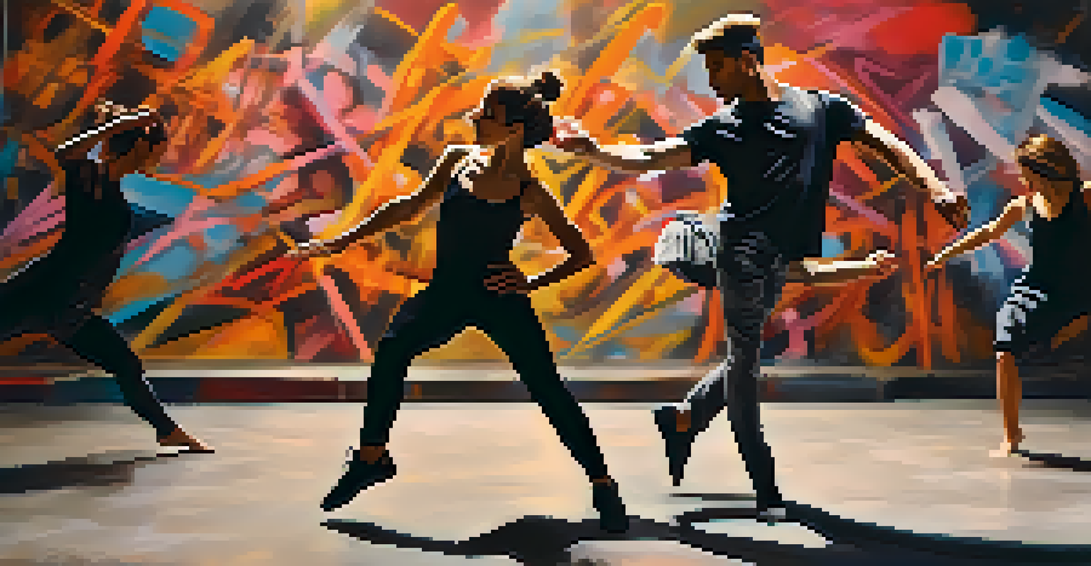 Contemporary dancers in modern attire performing in an urban setting against a graffiti wall, with soft lighting enhancing their dynamic movements.