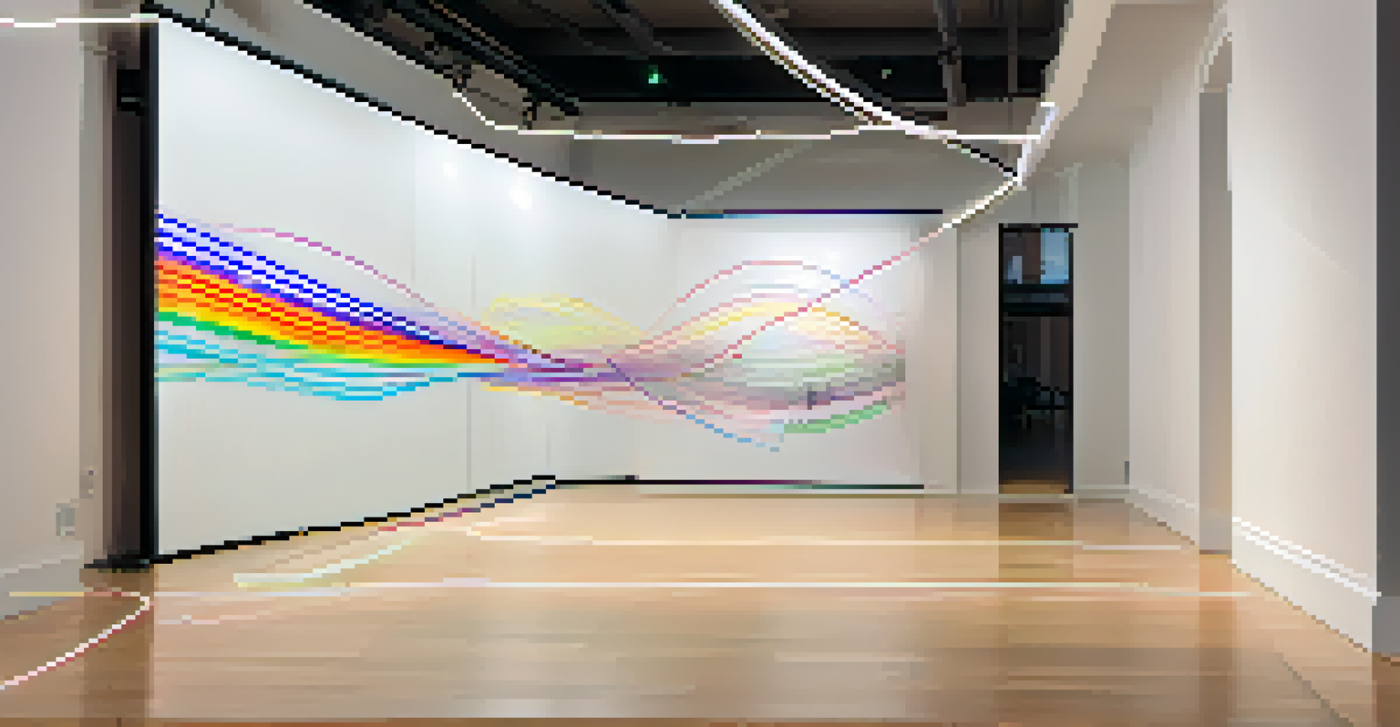 Close-up of a digital screen showing colorful motion paths and dance notations in a dance studio.