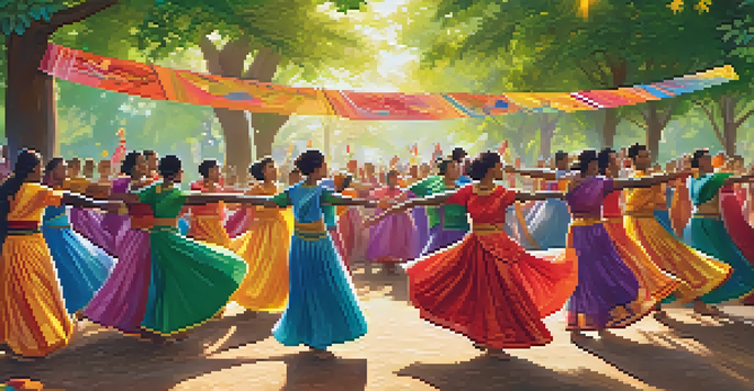 A lively community dance festival in a park with dancers in colorful traditional outfits celebrating unity and diversity.