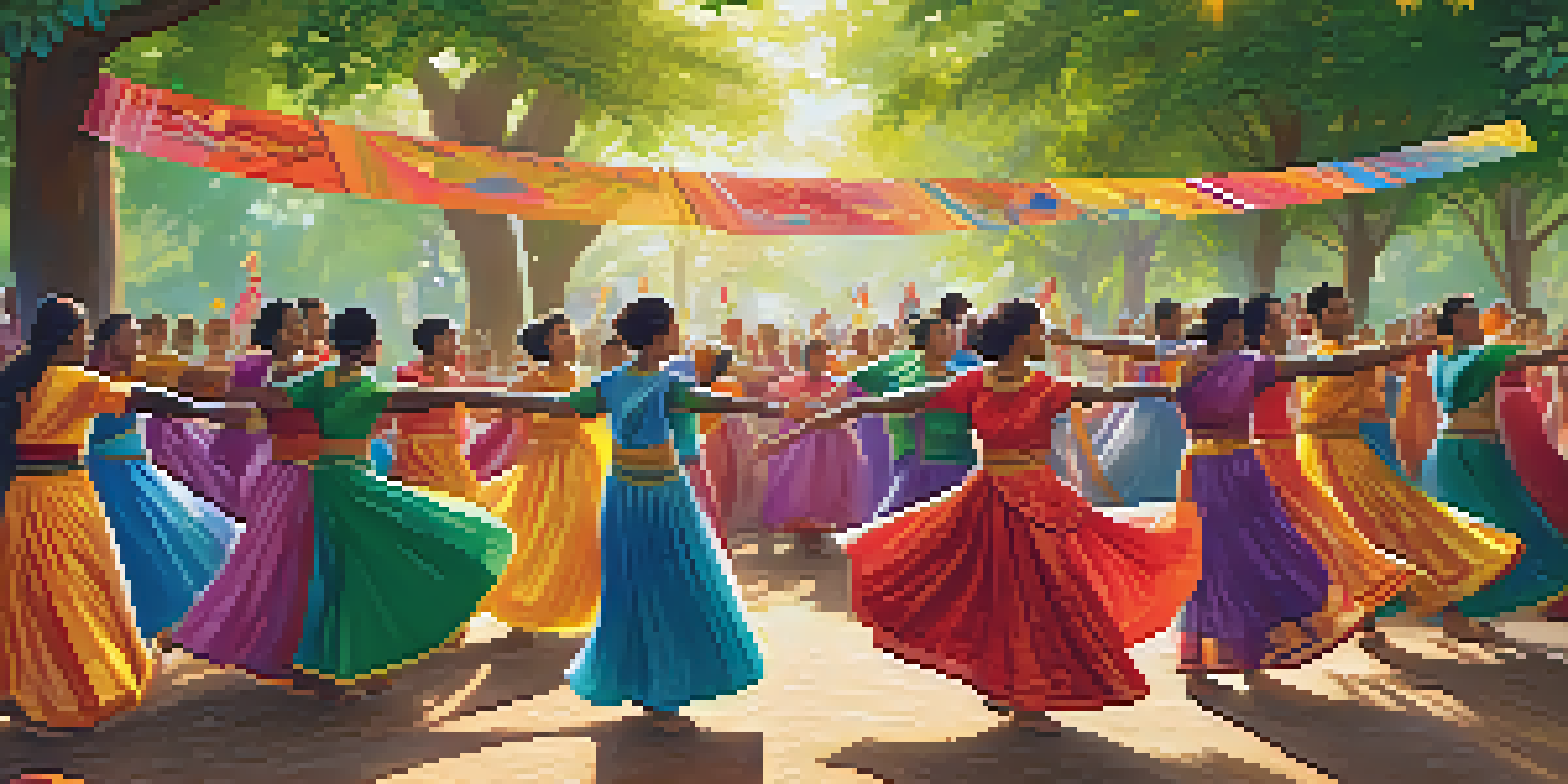 A lively community dance festival in a park with dancers in colorful traditional outfits celebrating unity and diversity.