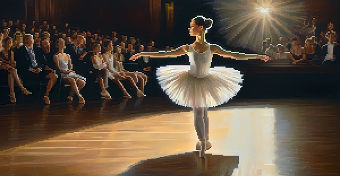 A ballet dancer in a white tutu performing a pirouette on stage, illuminated by warm spotlights with a blurred audience in the background.