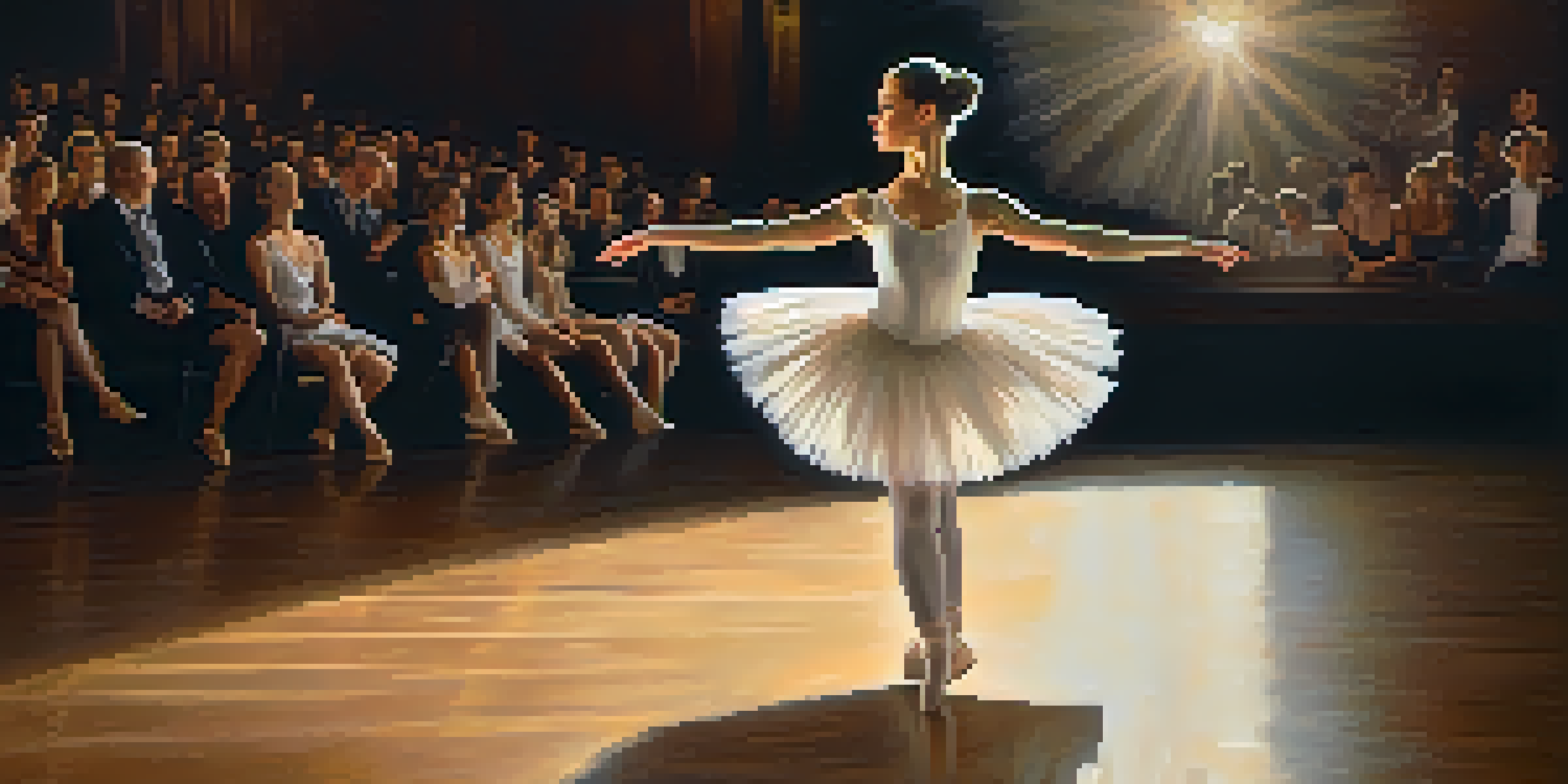 A ballet dancer in a white tutu performing a pirouette on stage, illuminated by warm spotlights with a blurred audience in the background.