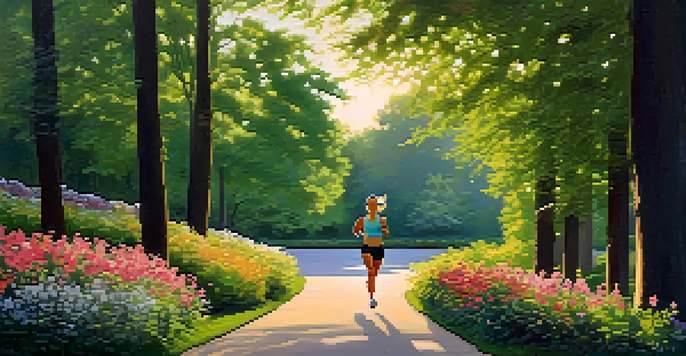 A person jogging in a tranquil park filled with lush greenery and colorful flowers, illuminated by the soft light of the rising sun.