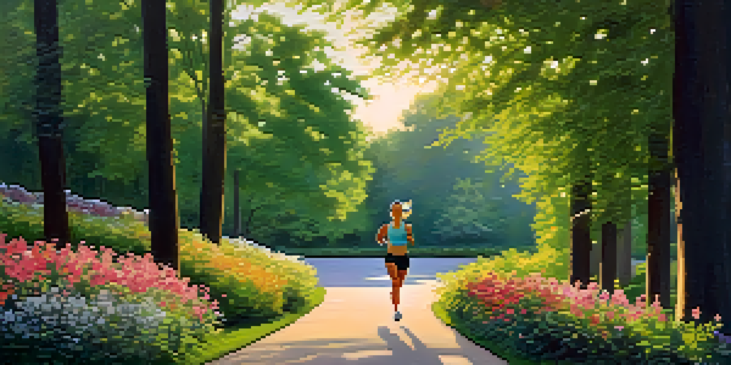 A person jogging in a tranquil park filled with lush greenery and colorful flowers, illuminated by the soft light of the rising sun.