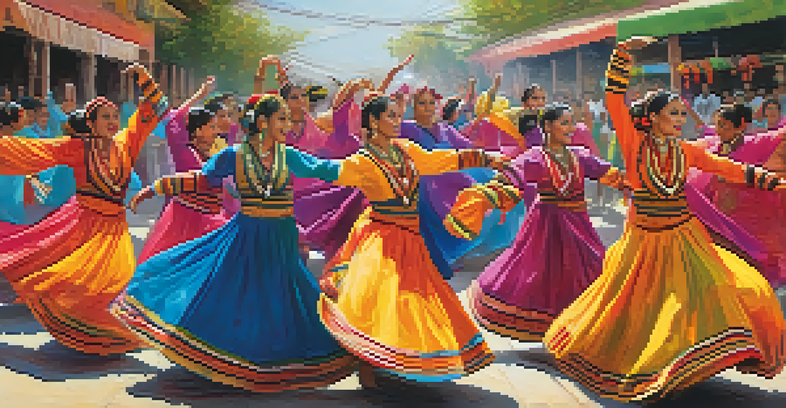 A group of dancers in traditional attire performing a vibrant cultural dance at an outdoor festival, surrounded by colorful decorations and an engaged audience.