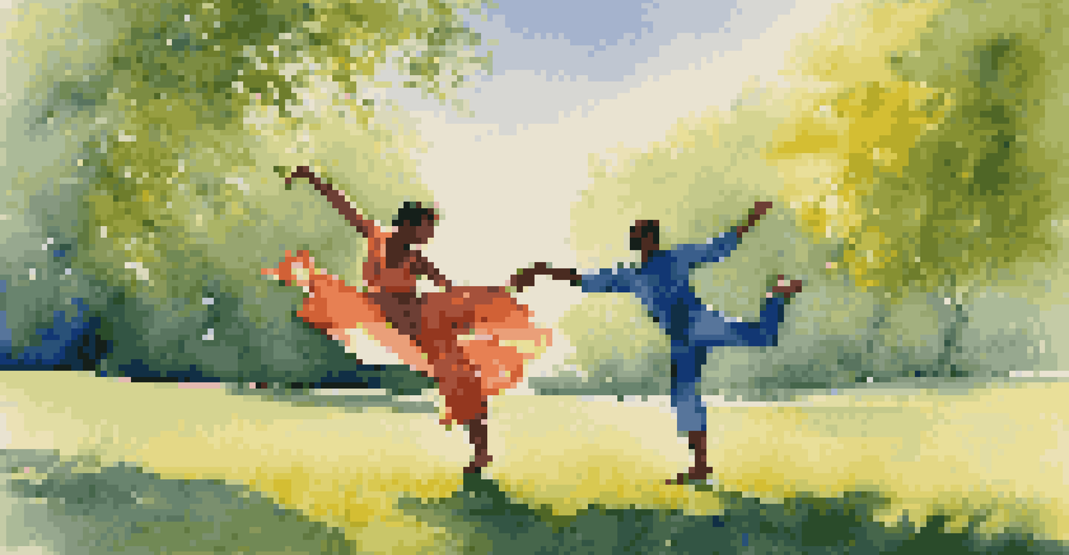 Two dancers interacting in a sunny outdoor setting, their bodies intertwined in a moment of collaboration and joy amidst a lush green backdrop.