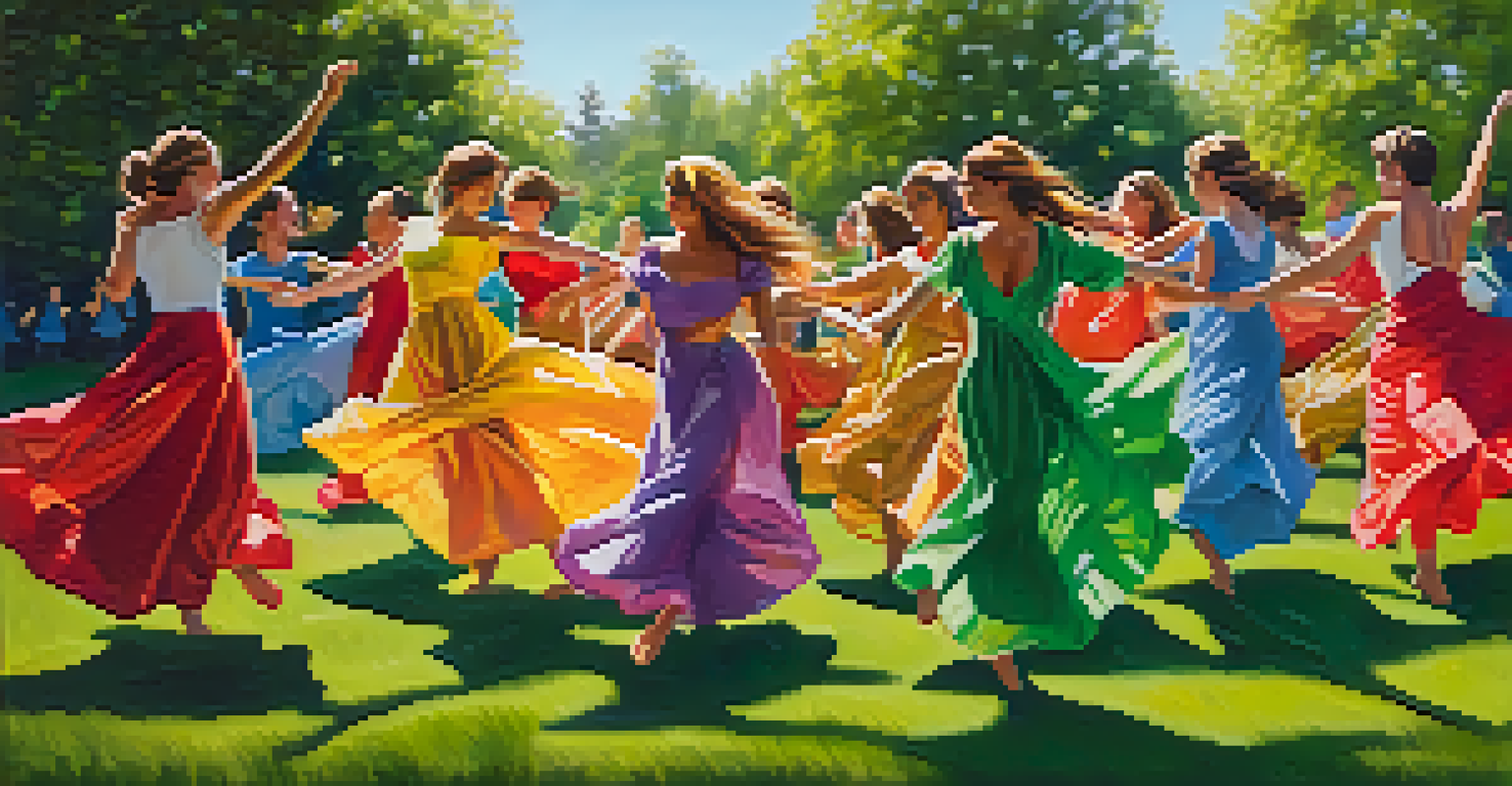 People dancing joyfully in a green park under the sunlight, surrounded by trees.