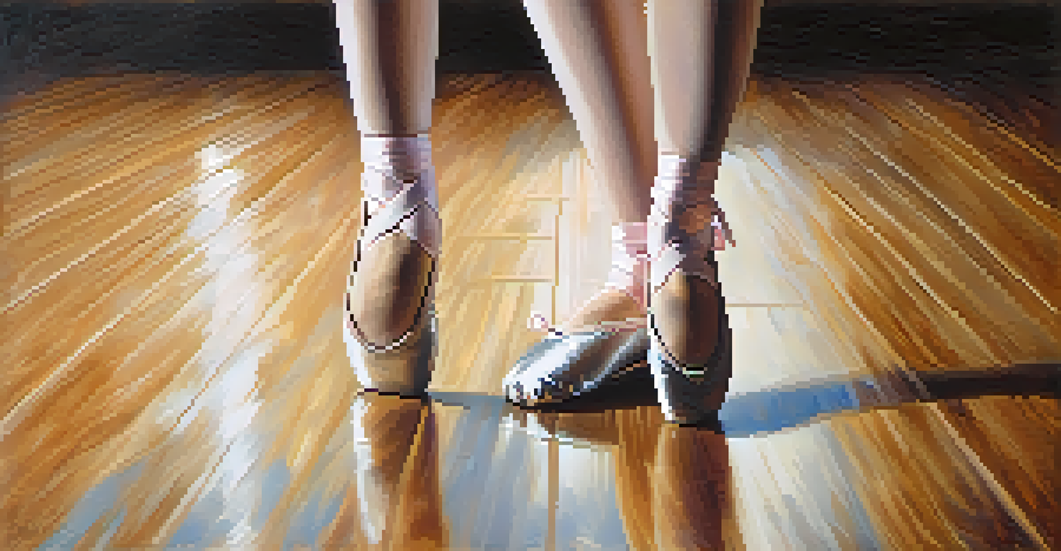 Close-up of a dancer's feet in ballet shoes on a wooden floor, emphasizing the graceful positioning.