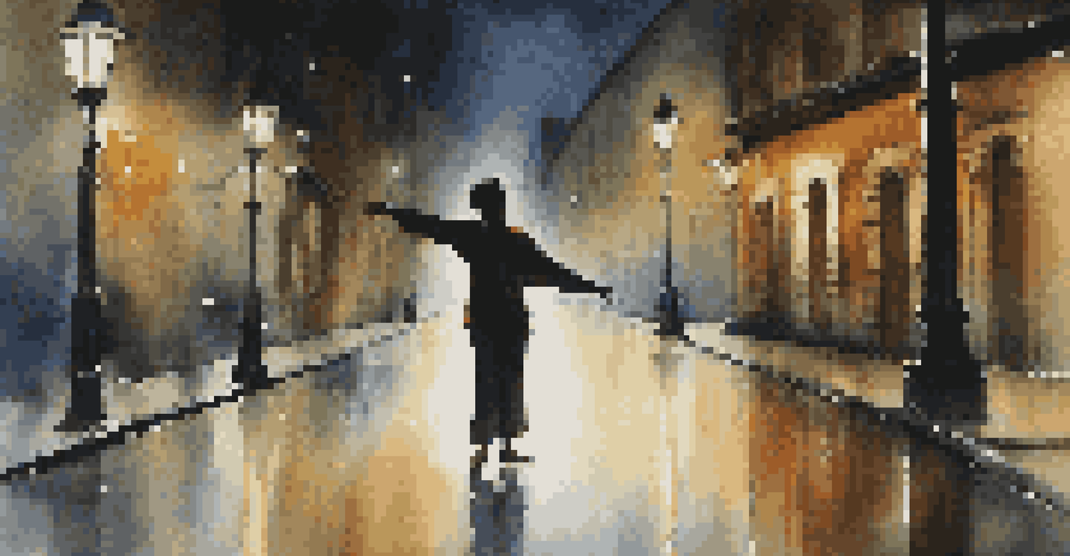 A dancer performing on a dimly lit street, expressing emotion through movement, surrounded by shadows.