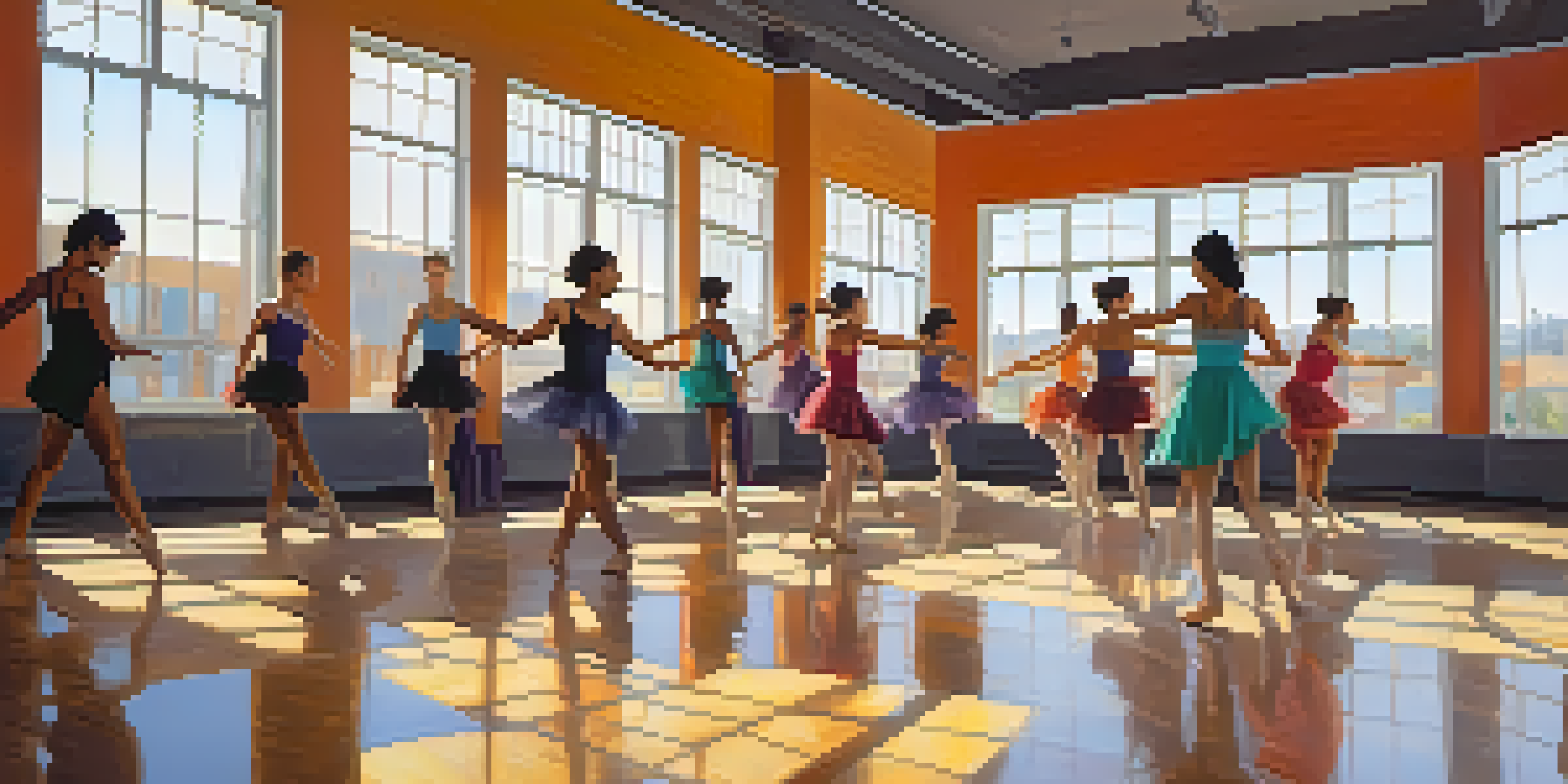 A bright dance studio with diverse dancers practicing choreography, mirrors on the walls, and colorful attire.