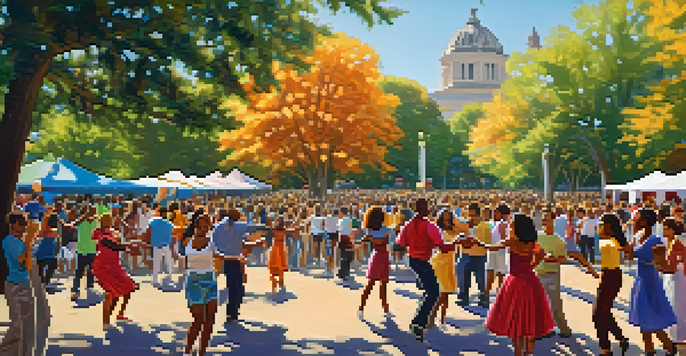 A diverse group of people dancing joyfully in a sunny park, with colorful decorations and trees in the background.