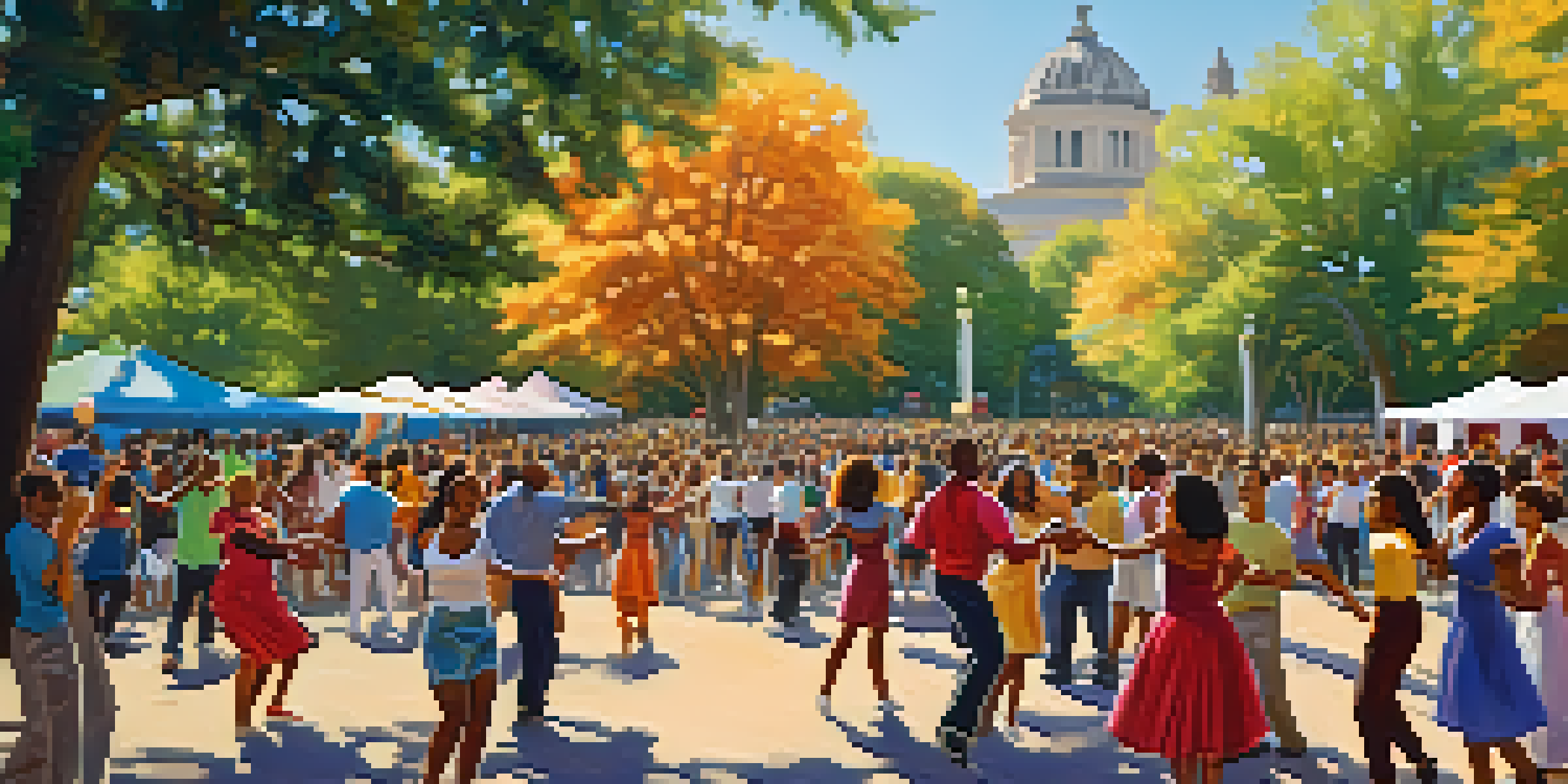 A diverse group of people dancing joyfully in a sunny park, with colorful decorations and trees in the background.