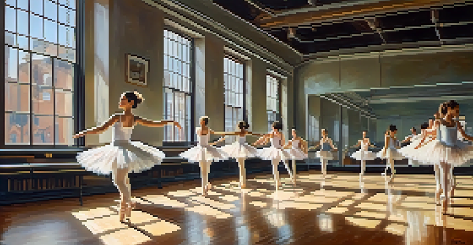 A lively dance studio with diverse dancers practicing ballet and hip-hop, illuminated by sunlight.