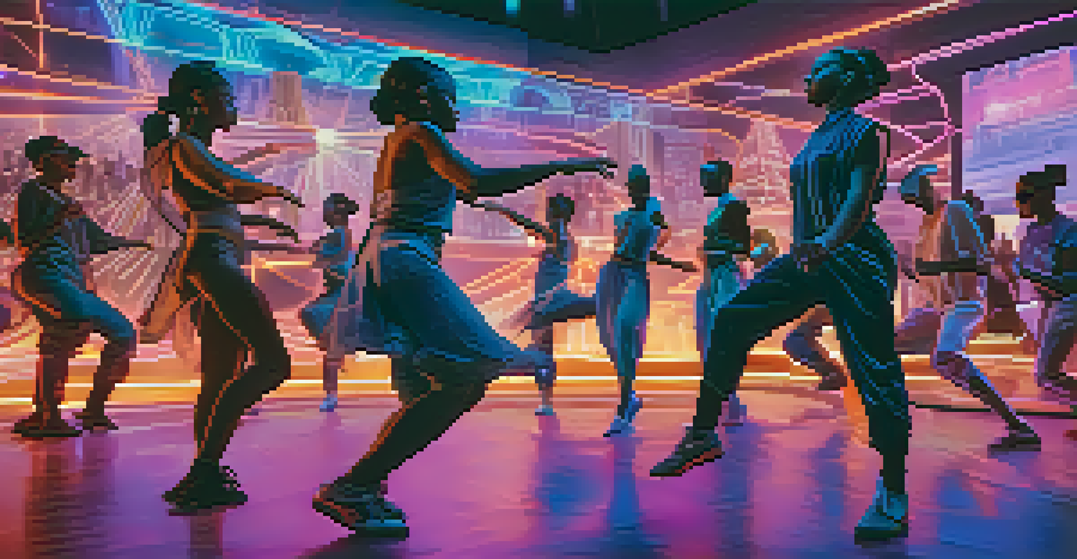 A diverse group of dancers in a futuristic virtual city, performing together with an audience of avatars watching.