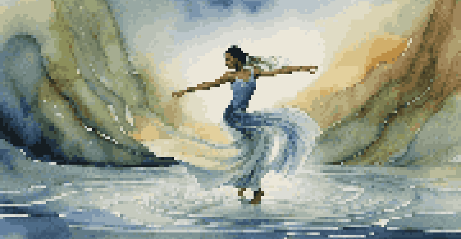A dancer representing a river on stage, wearing a costume made of recycled materials, with water projections in the background.