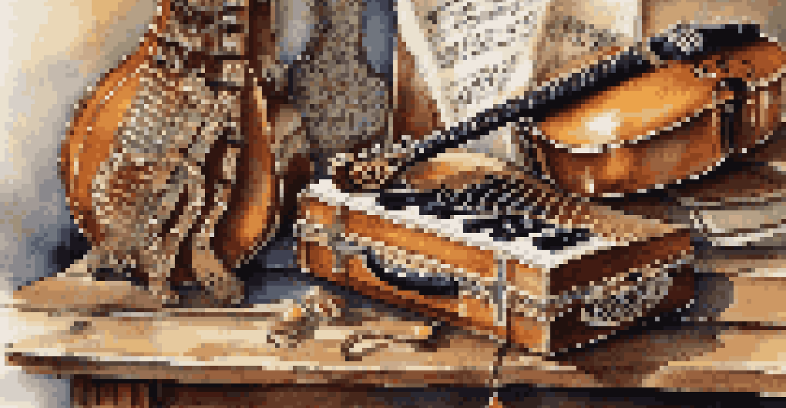 A close-up view of traditional Eastern European musical instruments, including an accordion and violin, displayed on a rustic wooden table with soft natural light.