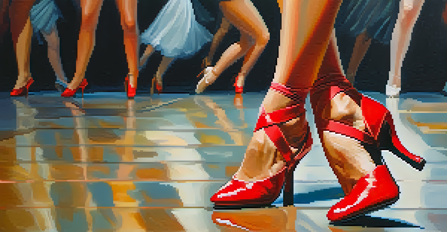 A close-up of a dancer's feet in red high-heeled shoes during a salsa dance performance on a reflective floor.