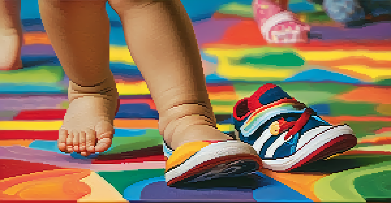 A close-up shot of a child's feet dancing on a colorful mat during a joyful dance therapy session.