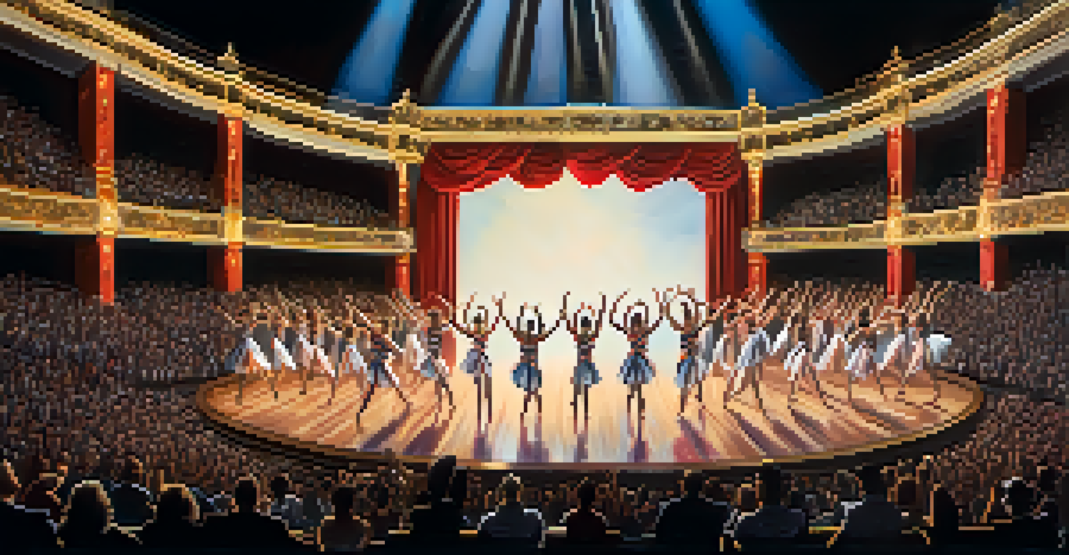 An aerial view of a large group of dancers performing a synchronized routine on stage in a grand theater, with colorful lighting and an engaged audience.