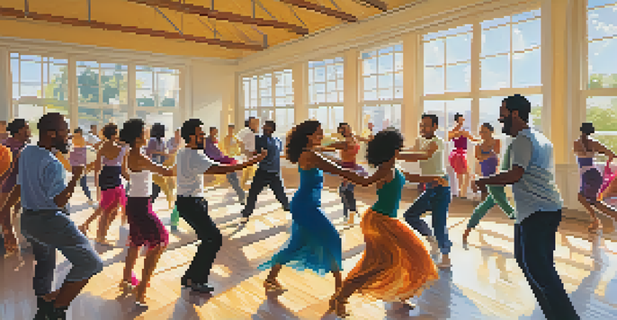 A lively salsa dance class with diverse participants practicing together in a bright studio, filled with laughter and teamwork.