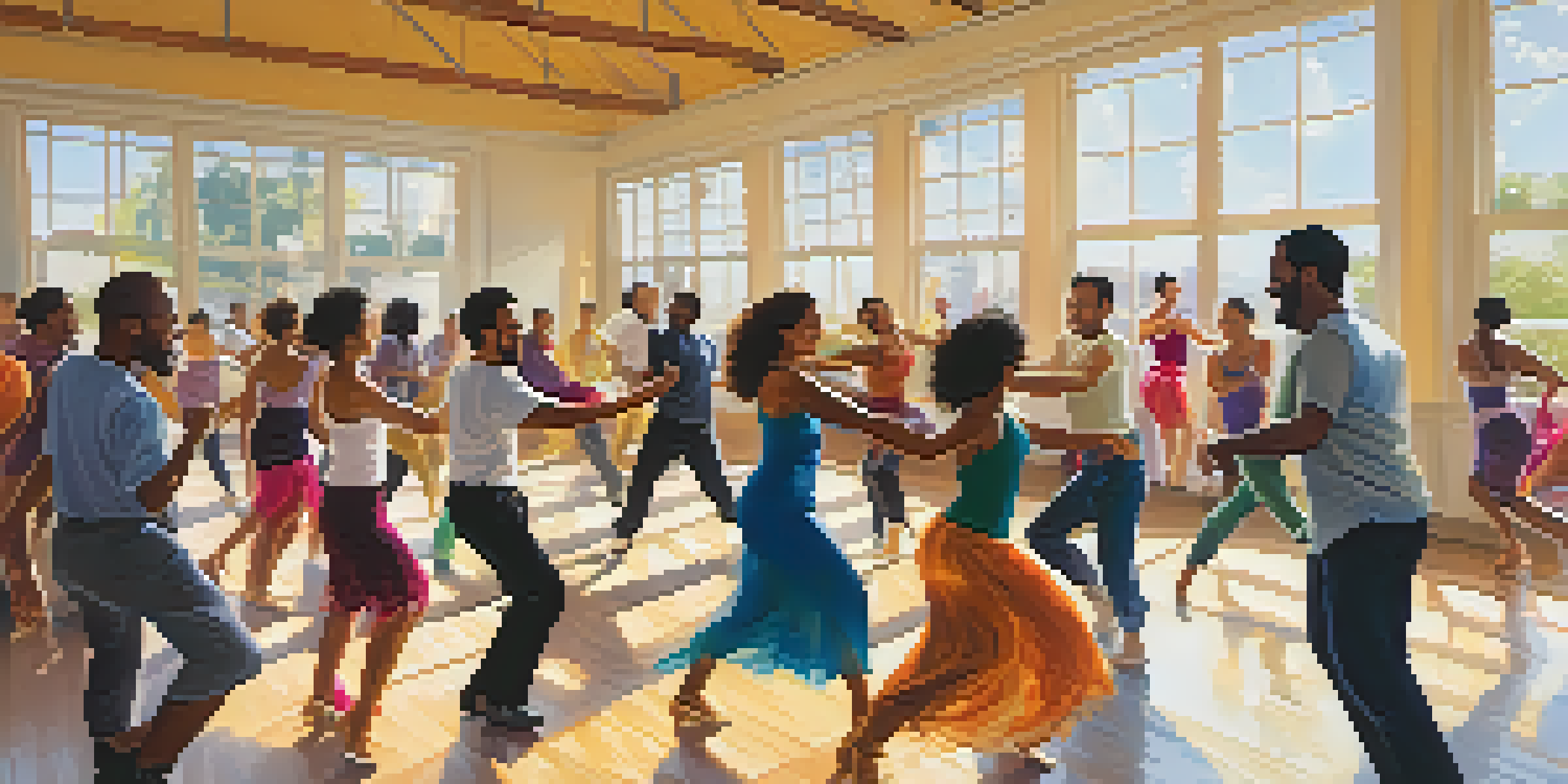 A lively salsa dance class with diverse participants practicing together in a bright studio, filled with laughter and teamwork.