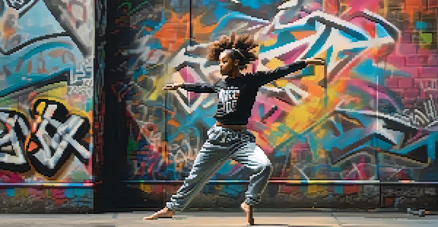 A young dancer performing in an urban environment, showcasing strength and expression against a graffiti backdrop.