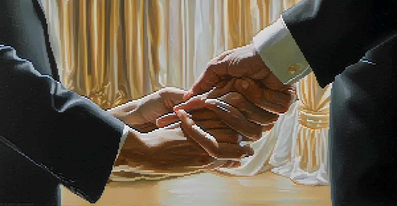 A close-up of a couple's hands during a dance, highlighting their connection and the intimacy of the moment in a softly blurred ballroom.