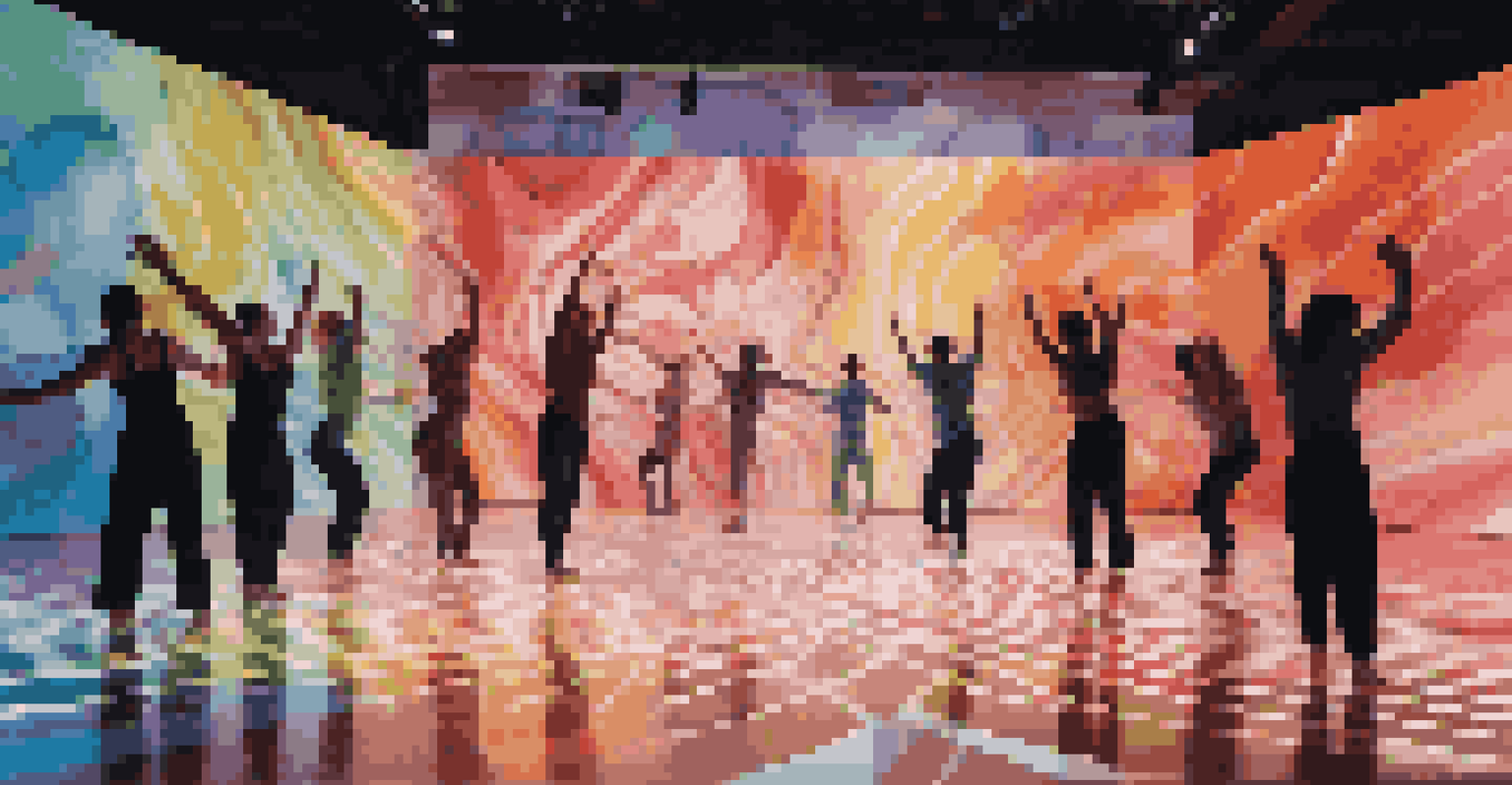 Dancers on stage surrounded by interactive augmented reality lighting effects and colorful holographic projections.