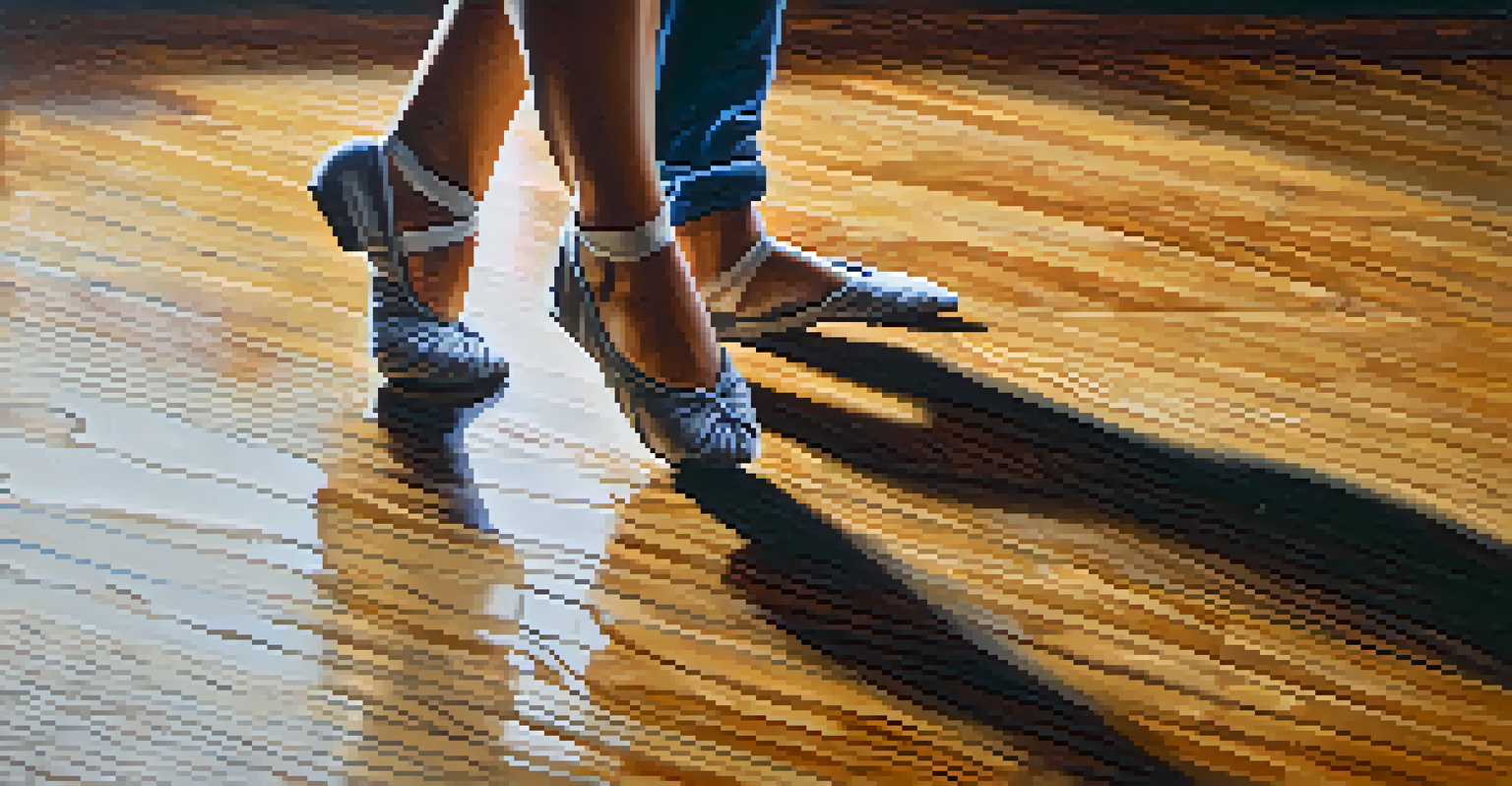 A close-up of a dancer's feet in motion on a wooden floor, emphasizing the connection between movement and the ground.