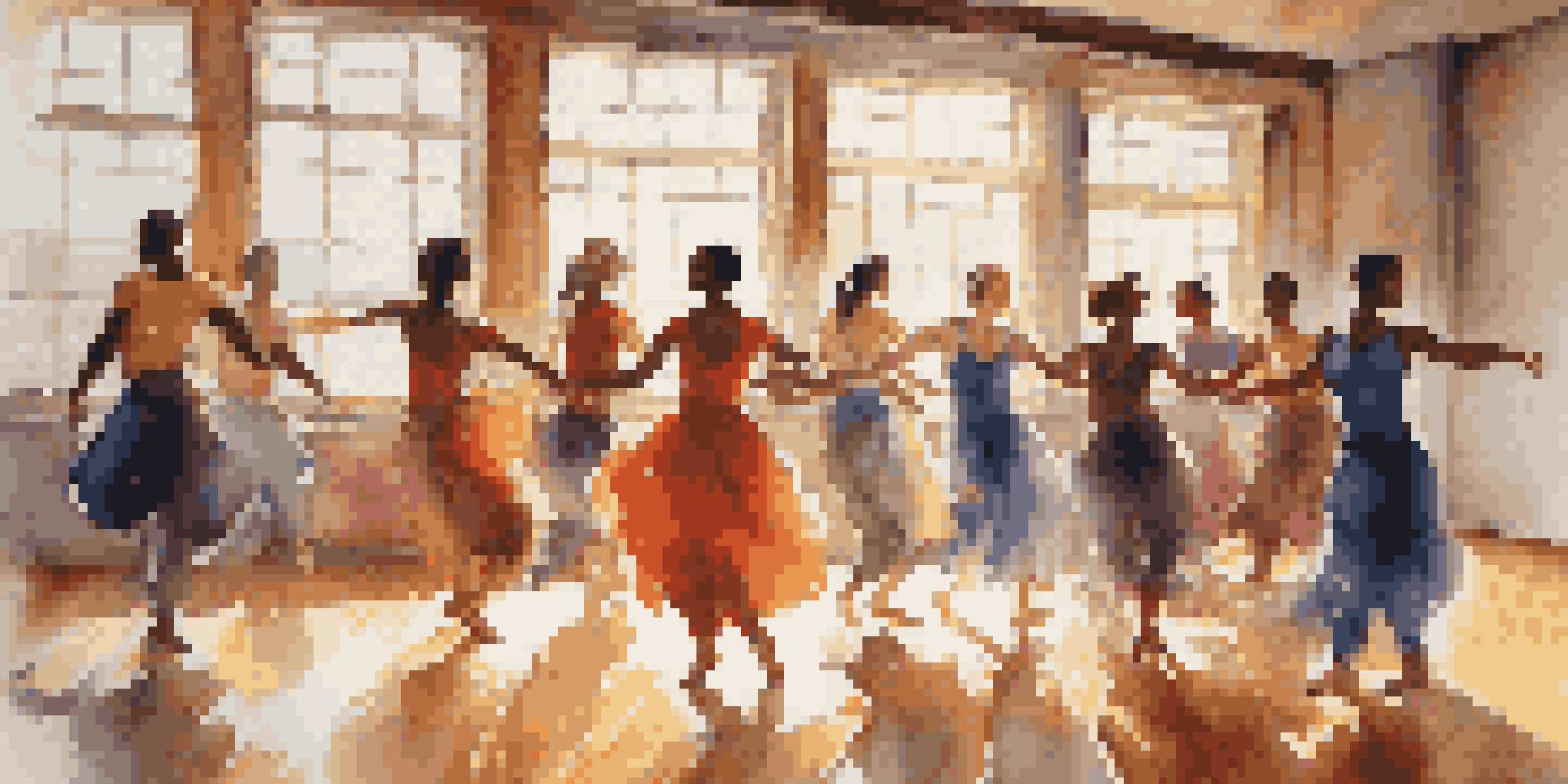 A group of diverse dancers performing in a sunlit studio, expressing emotions through movement, with colorful attire and warm sunlight casting shadows on the floor.