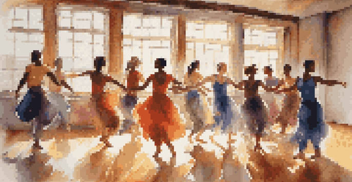 A group of diverse dancers performing in a sunlit studio, expressing emotions through movement, with colorful attire and warm sunlight casting shadows on the floor.