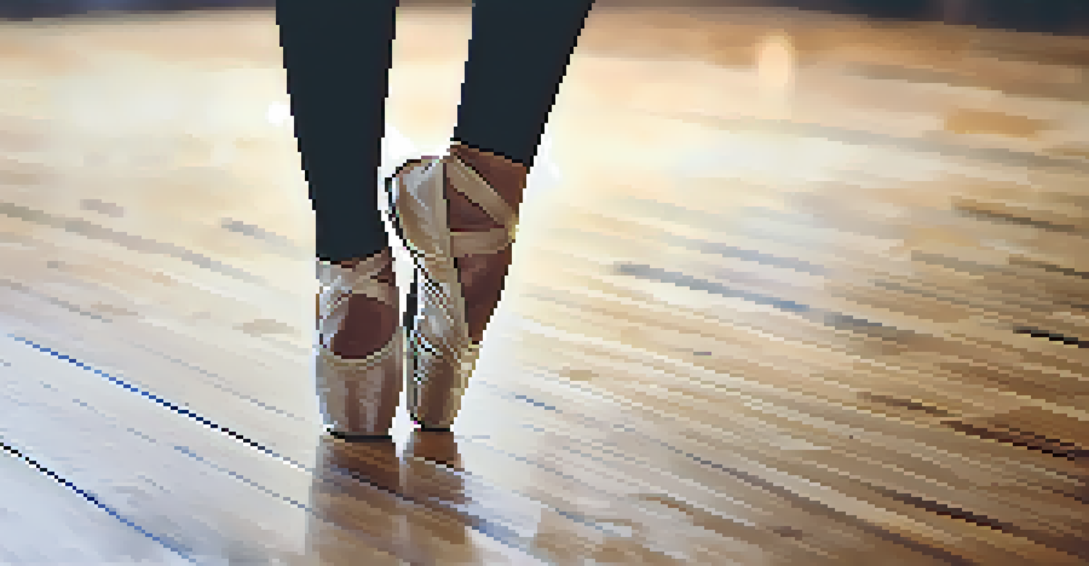 A close-up of a dancer's feet in motion, emphasizing rhythm and precision on a wooden dance floor.